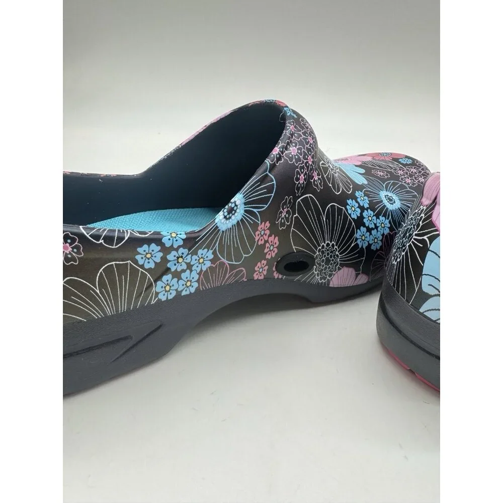 Black Floral Slip-On Clogs in Pink & Turquoise - Picture 9 of 15
